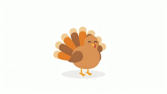 Cute cartoon turkey with colorful feathers, smiling and standing, flat vector illustration