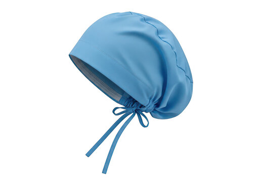 Light blue surgical scrub cap with ties rests on transparent background