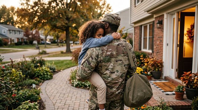 military father carrying his daughter and duffel bag while walking toward family home after deployment