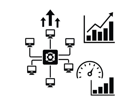 Network performance vector icons, data traffic optimization symbols, server speed and growth charts