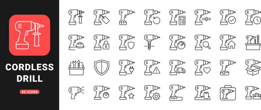 Power Drill Cordless Drill Choice Web Icon Set in Linear Style. Collection of hardware store, power tools, battery tools, tool selection, DIY repair, workshop equipment line icons, including