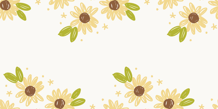 Invitation card banner backdrop template with hand drawn yellow sunflower top bottom borders on cream
