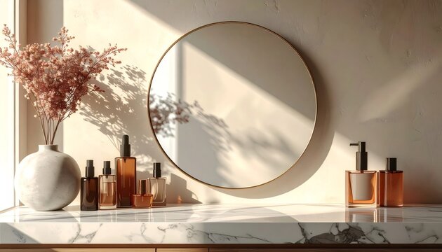 Scent stacking perfumes and beauty products on marble vanity