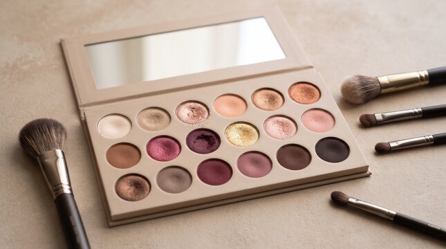 An open eyeshadow palette displays a spectrum of cosmetic shades, alongside professional makeup brushes, ready for beauty application
