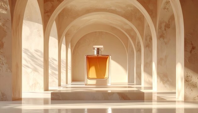 Perfume bottle showcasing luxury fragrance in sunlit arches