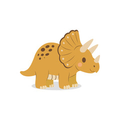 Hand drawn triceratops dinosaur character with three horns, orange scales and a large frill for kids designs. © Oksana