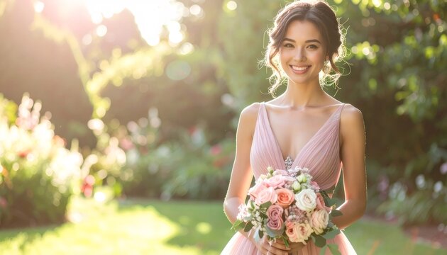 Smiling woman holding wedding bouquet in garden