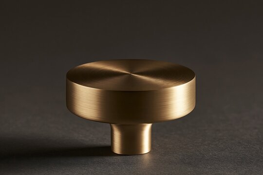 A single circular brass furniture knob with a brushed metallic texture, positioned centrally against a dark grey background surface