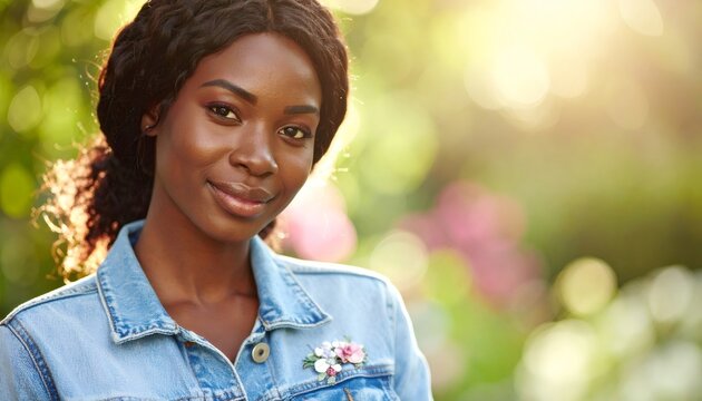Young black woman smiling wearing denim jacket and brooch