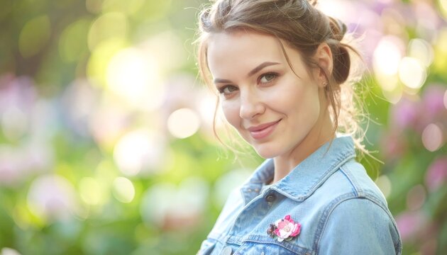 Young woman smiling wearing denim jacket and floral brooch