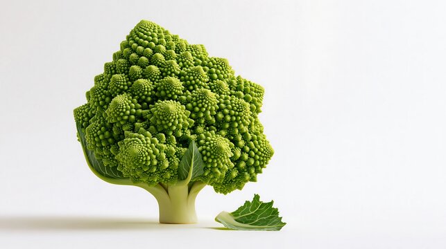 A single romanesco broccoli head with its unique fractal spiral patterns and a detached green leaf, isolated on a plain white background