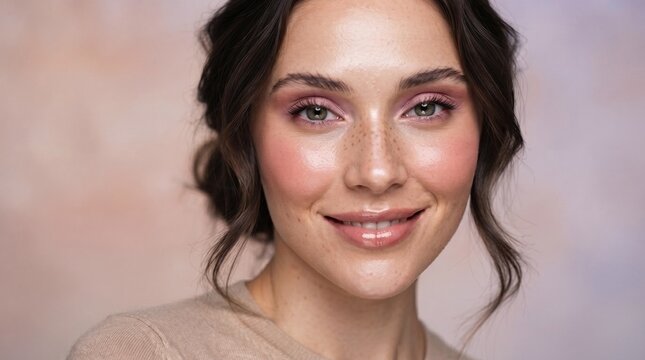 Beautiful young woman with elegant pink eye makeup and glowing skin for beauty cosmetics