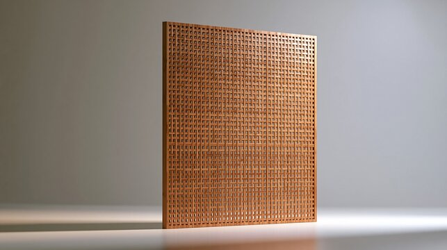 A square wooden room divider screen with a fine lattice grid pattern, standing on a light grey surface against a soft, neutral studio background wall