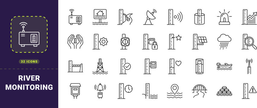 River Gauge Flood Level Monitoring Web Icon Set in Linear Style. Collection of hydrography line icons, including telemetry, water level, flood warning, river gauge, drainage, environmental.