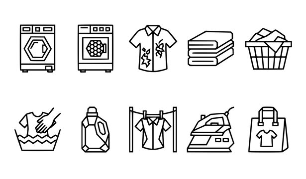 Laundry Washing Machine and Cleaning Service Line Icons