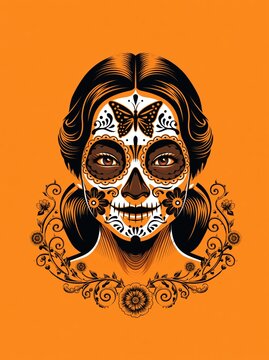 Vibrant Day of the Dead Inspired Sugar Skull Portrait with Floral Ornamentation and Butterfly Face Art on Bold Orange Background