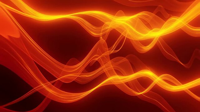 Glowing orange and yellow wave-like ribbons flow and undulate over a dark background. Layered orange and yellow tones enhance movement and depth.