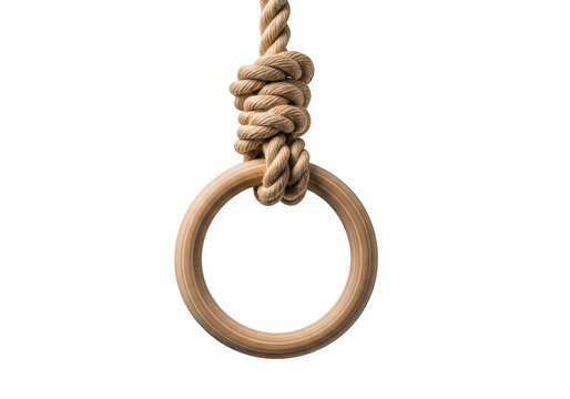 Wooden gymnastic ring suspended by knotted rope on transparent background