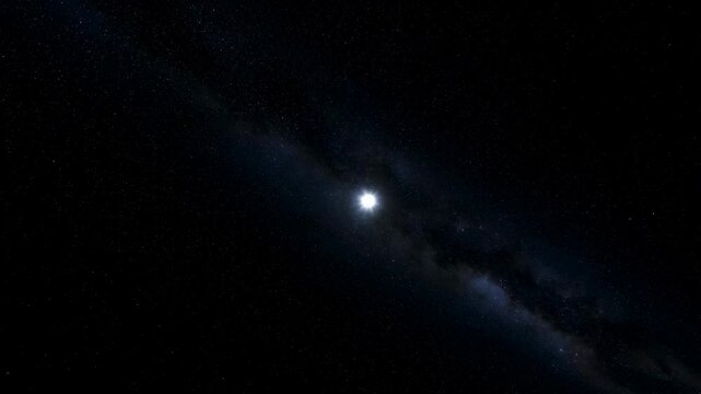 Bright star pulses gently in brightness at the center of a dark space background. Animated scene combines bright star and star field with glowing light.