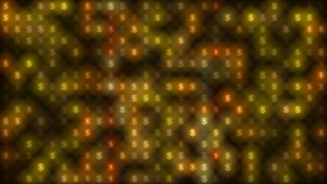 Golden glowing dollar sign symbols pattern on dark background for financial concept