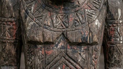 Obraz premium A close up macro shot of the traditional Toraja Tau Tau Barana memorial effigy showing intricate wood carvings and weathered antique textures in a cinematic horizontal widescreen frame.