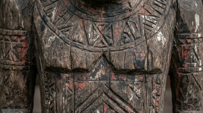 A close up macro shot of the traditional Toraja Tau Tau Barana memorial effigy showing intricate wood carvings and weathered antique textures in a cinematic horizontal widescreen frame.