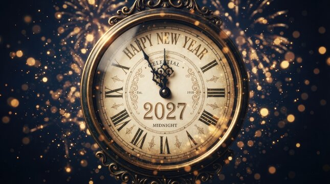 Vintage antique clock showing midnight with happy new year 2027 text and golden fireworks bokeh for festive holiday celebration 2027