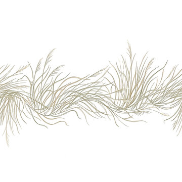 Ilustraci&oacute;n vectorial de una franja decorativa con hierbas silvestres y plantas de pradera en estilo lineal minimalista sobre un fondo blanco puro, ideal para dise&ntilde;o gr&aacute;fico y papeler&iacute;a.