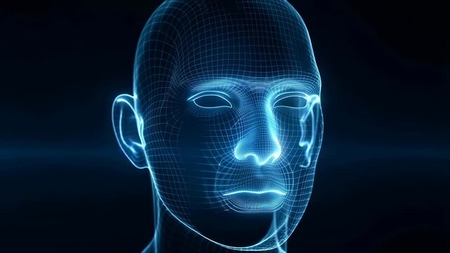 Glowing blue wireframe 3D human head model rotates against a dark background. Animated scene combines wireframe lines and mesh grid with glowing light.