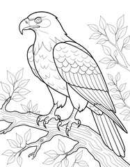 Fototapeta premium Eagle Perched on Tree Branch Line Art Vector Illustration for Coloring Book Page