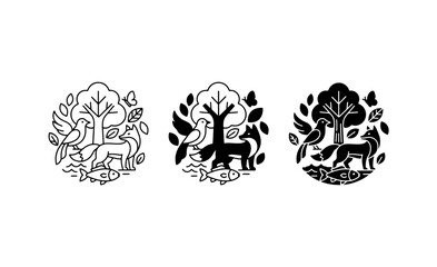 Fototapeta premium Nature Emblem Set: Forest Animals, Birds, Fish, Trees, Leaves, 3 Vector Icons, Eco-friendly Design Elements