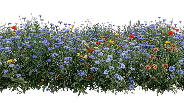 Un hermoso campo de flores silvestres con acianos azules y flores coloridas aislado sobre un fondo blanco puro para dise&ntilde;o floral y decoraci&oacute;n de jardines