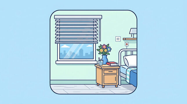 Clean hospital room interior featuring a bed, nightstand with flowers and a window overlooking a cityscape, vector illustration.