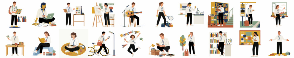 Fototapeta premium Flat vector illustration collection of a young woman participating in various daily activities, hobbies, education, work, and lifestyle scenes on white background.