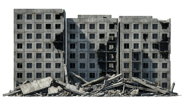 Edificio residencial de hormig&oacute;n en ruinas con escombros en primer plano, representaci&oacute;n realista de un bloque de apartamentos destruido tras un desastre o conflicto b&eacute;lico aislado en blanco