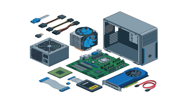 Computer components isometric vector set, desktop pc parts, motherboard, processor, graphic card, power supply, isolated white background.