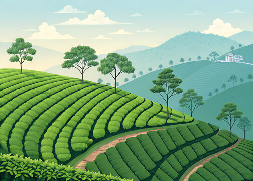 Vibrant green vector gradient landscape of Munnar tea hills. Symmetrical rows, rolling slopes, tiny workers, pastel blue sky.