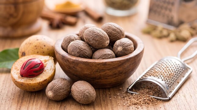 Fresh whole nutmeg seeds, mace fruit, and grated powder on wooden table.r