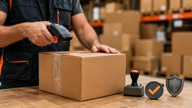 Warehouse worker scanning package with barcode reader