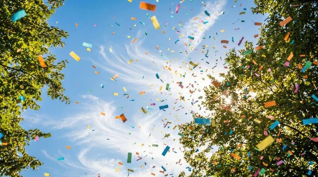 Confetti falling against a blue sky framed by lush green tree branches, symbolizing celebration, joy, and festive outdoor events 2027