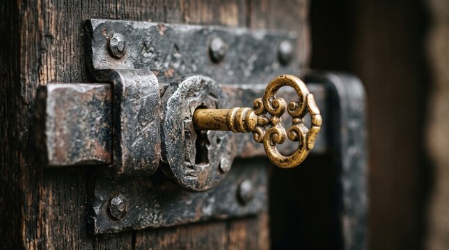 Antique brass key inserted into rustic iron lock on wooden door