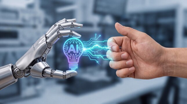 robot hand fist bump human hand with glowing ai lightbulb icon