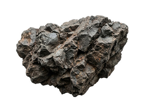 Esp&eacute;cimen de mineral de hierro oscuro y rugoso con textura met&aacute;lica aislado sobre fondo blanco, ideal para geolog&iacute;a y miner&iacute;a.