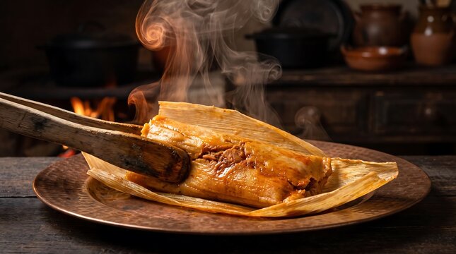 Steaming Pork Tamale on Plate for Mexican Independence Day Feast