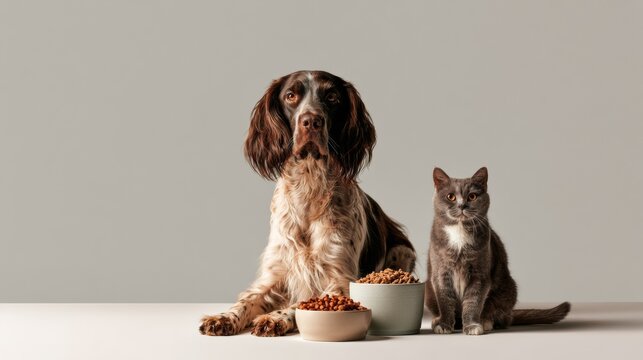 Dog and cat sitting together on a neutral studio background, friendly pet companionship, calm mood, domestic animals.