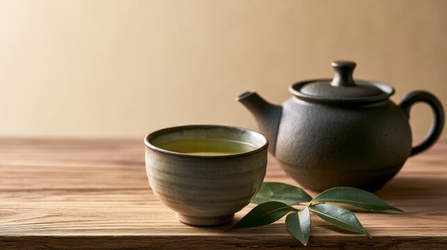 Teapot and teacups on a wooden table, cozy beverage scene, calm lifestyle, tea ritual, home comfort.