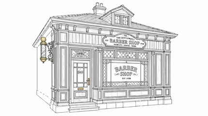 Fototapeta premium Vintage barber shop line art storefront illustration with classic pole