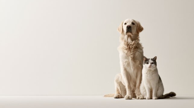 Small white dog sitting on a neutral studio background, cute pet portrait, calm mood, domestic animal, pet lifestyle.