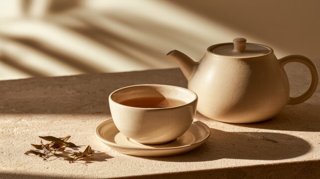 Teapot and teacups with soft neutral decor, cozy beverage setting, calm lifestyle, tea ritual, home comfort.