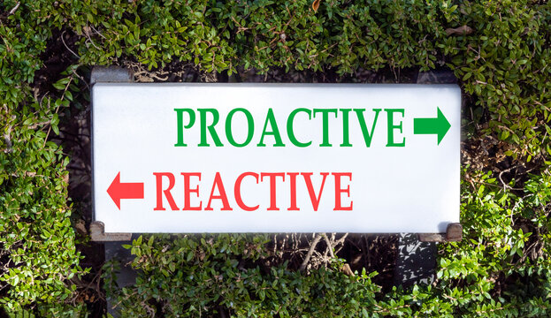 Proactive and reactive symbol. Concept word Proactive Reactive on beautiful white sign plate. Beautiful green leaf background. Business proactive and reactive concept. Copy space.